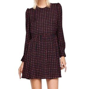 Zara Mini Dress Size Medium A Line Babydoll Black Red Long Sleeve Heart Print